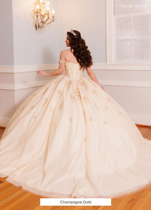 Off-Shoulder Corset Dress with 3D Floral Appliqués Quinceañera Ball Gown by Rachel Allan RQ9003