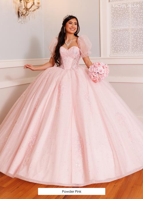 Puff Sleeves Quinceañera Ball Gown with Corset Bodice Tulle Quince Dress by Rachel Allan RQ9002