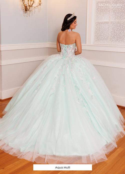 Strapless Quinceañera Ball Gown Floral Lace Corset Tulle Princess Dress by Rachel Allan RQ9000