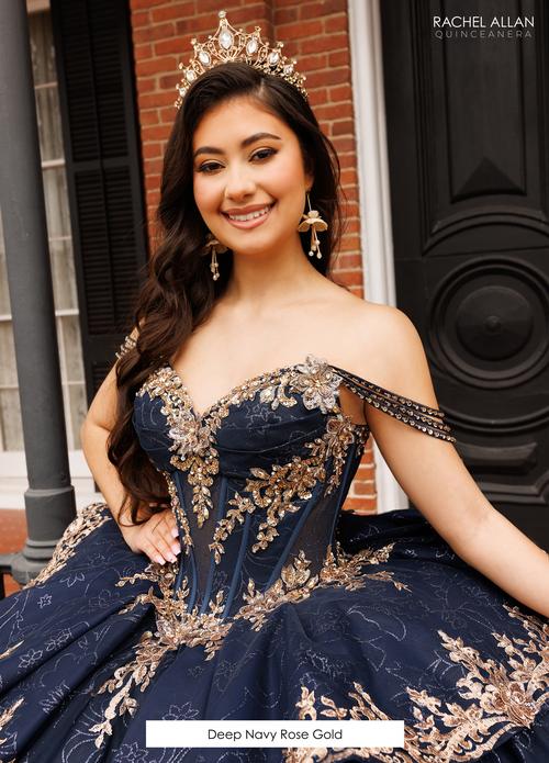 Off Shoulder Sweetheart Floral Appliqué Corset Glitter Tulle Ball Gown by Rachel Allan RB1191