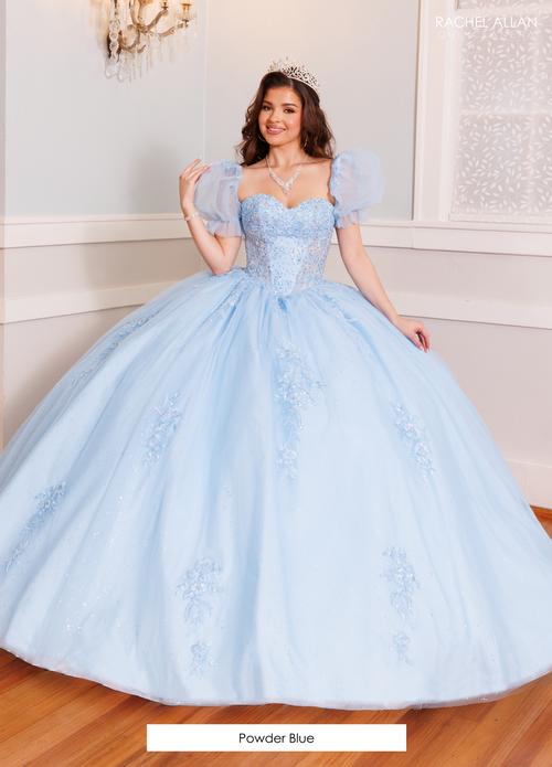 Puff Sleeves Quinceañera Ball Gown with Corset Bodice Tulle Quince Dress by Rachel Allan RQ9002
