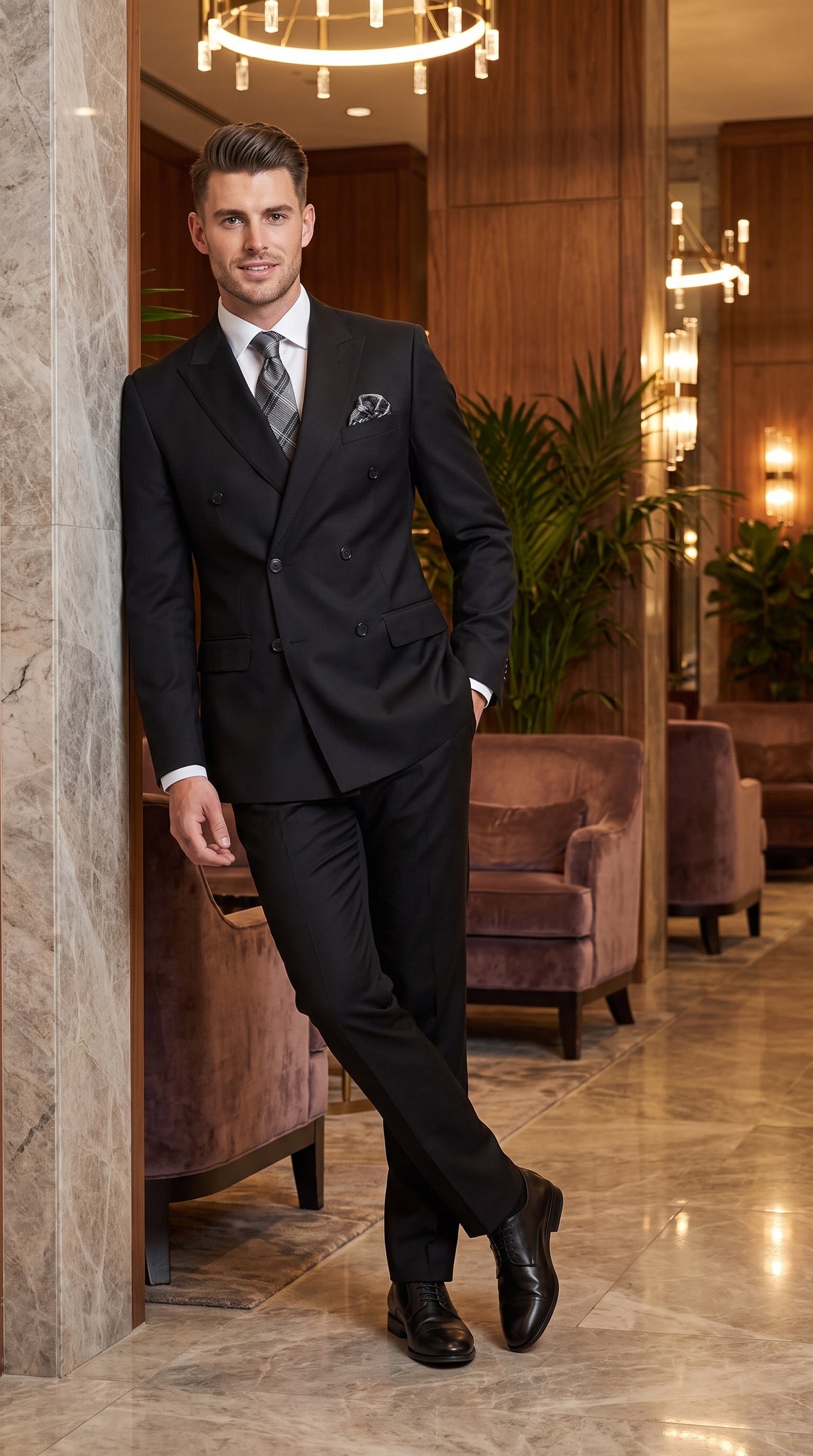 Men’s Black Wool Double Breasted Suit – Modern Fit 6 Button Formal Wedding & Business Suit with Black or Gold Buttons