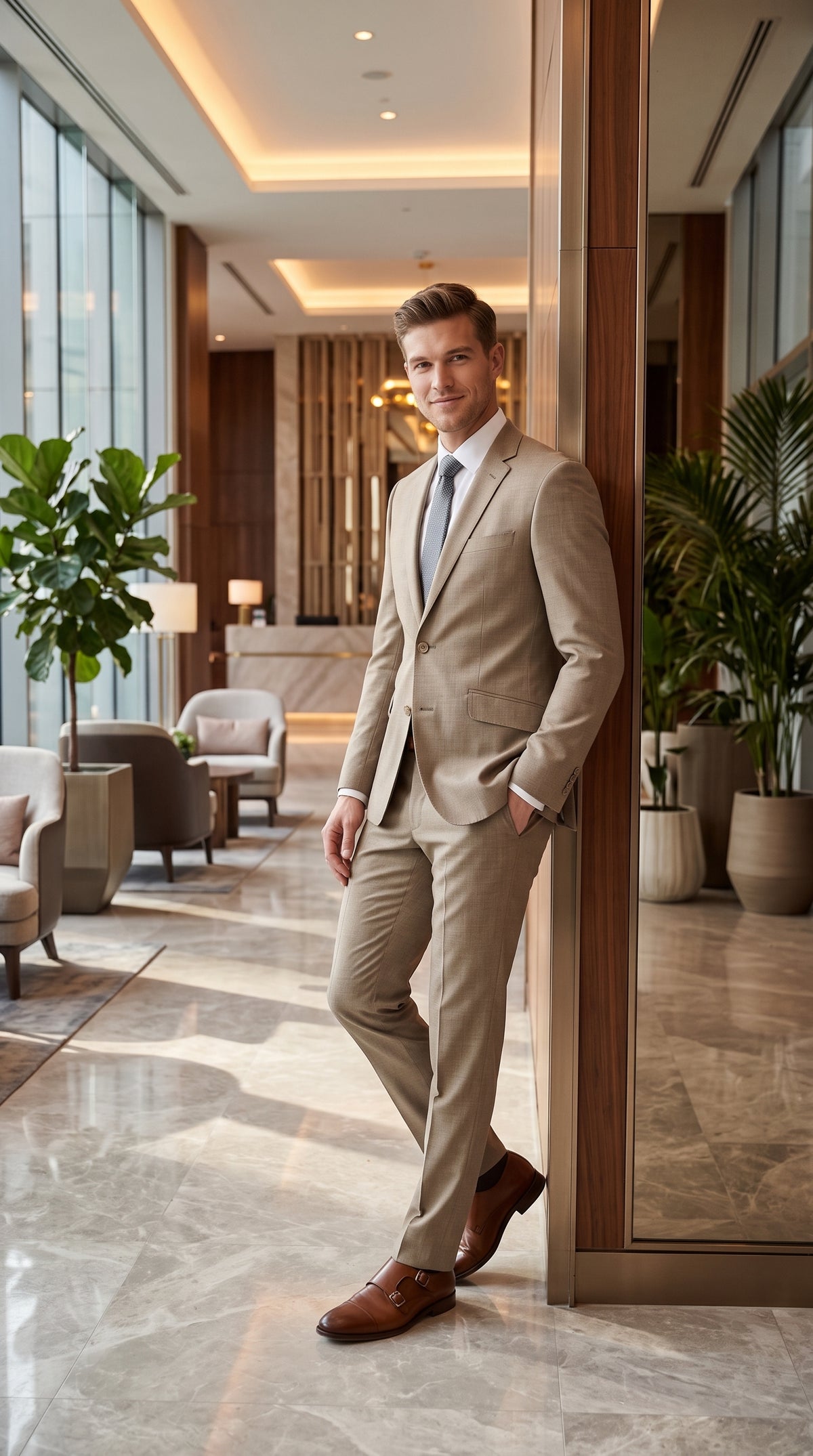 Men's Light Taupe Textured 2-Piece Suit – Modern Fit Tan Groomsmen Wedding & Formal Business Suit