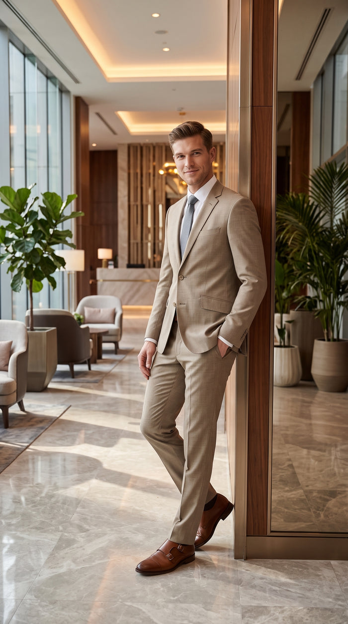 Men's Light Taupe Textured 2-Piece Suit – Modern Fit Tan Groomsmen Wedding & Formal Business Suit