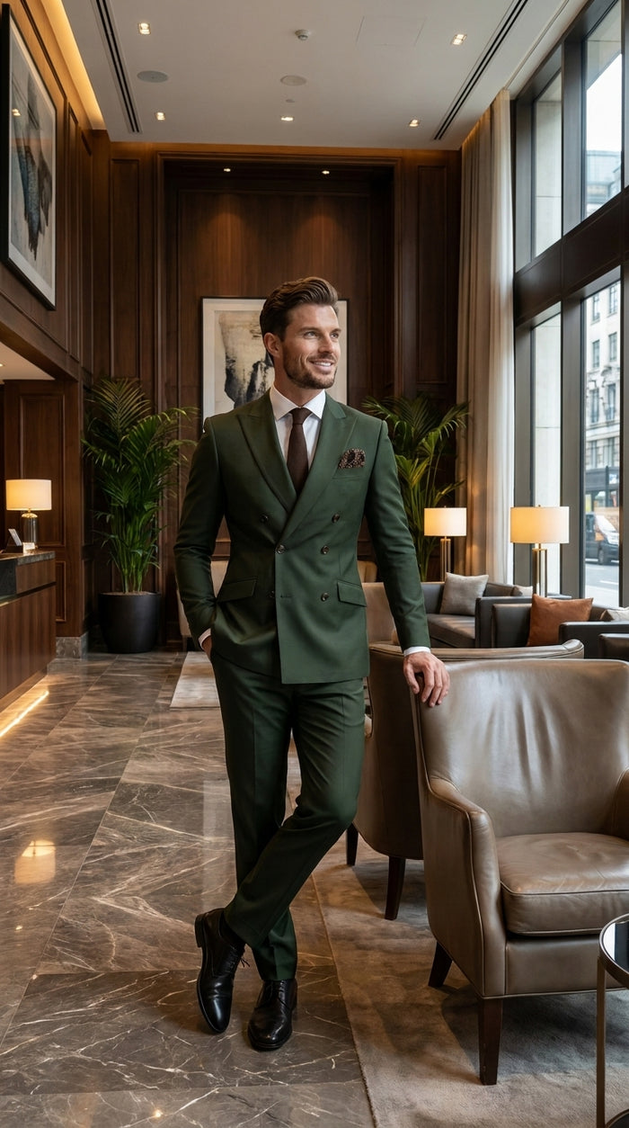 Men’s Dark Green Double Breasted Suit, Tapered Fit Formal Wedding Business Dress Suit