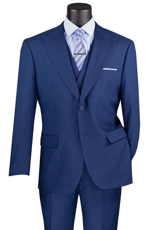 "Sharkskin Men's Suit with Double Breasted Vest - Summer Navy Blue"