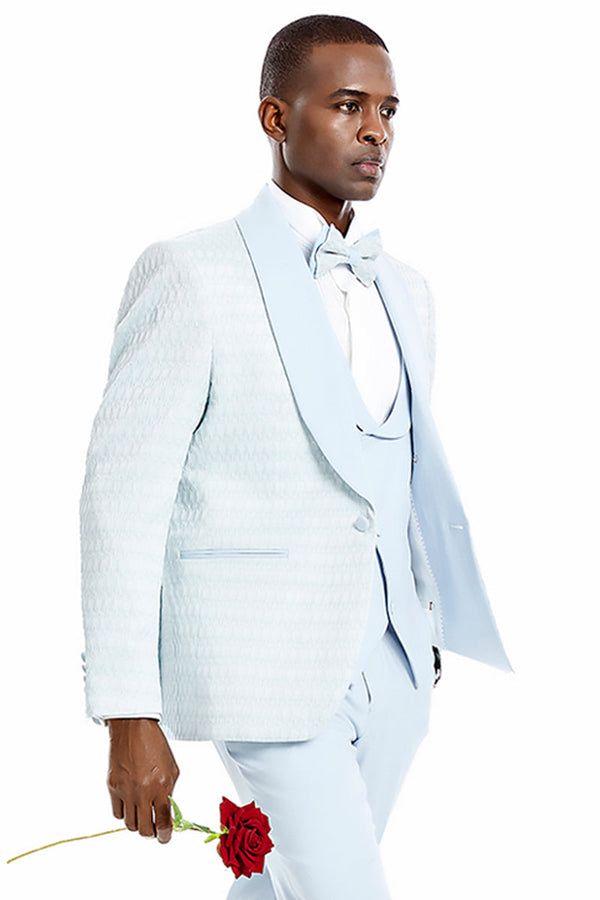 "Sky Blue Men's Wedding & Prom 2025 Tuxedo - One Button Vested Honeycomb Lace Design"