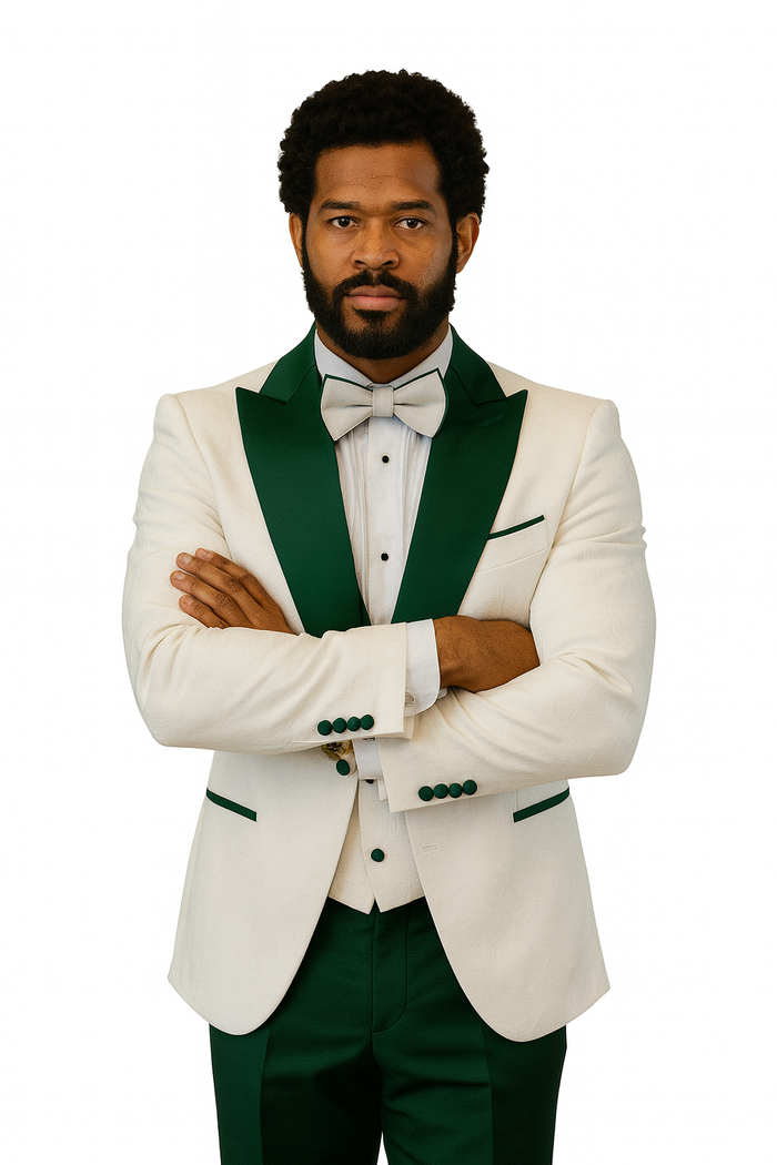 White tuxedo jacket with peak lapel, hunter green accents. Includes shawl vest, wool pants, bow tie. Contrasting green buttons, single breast pocket. White with hunter green details.
