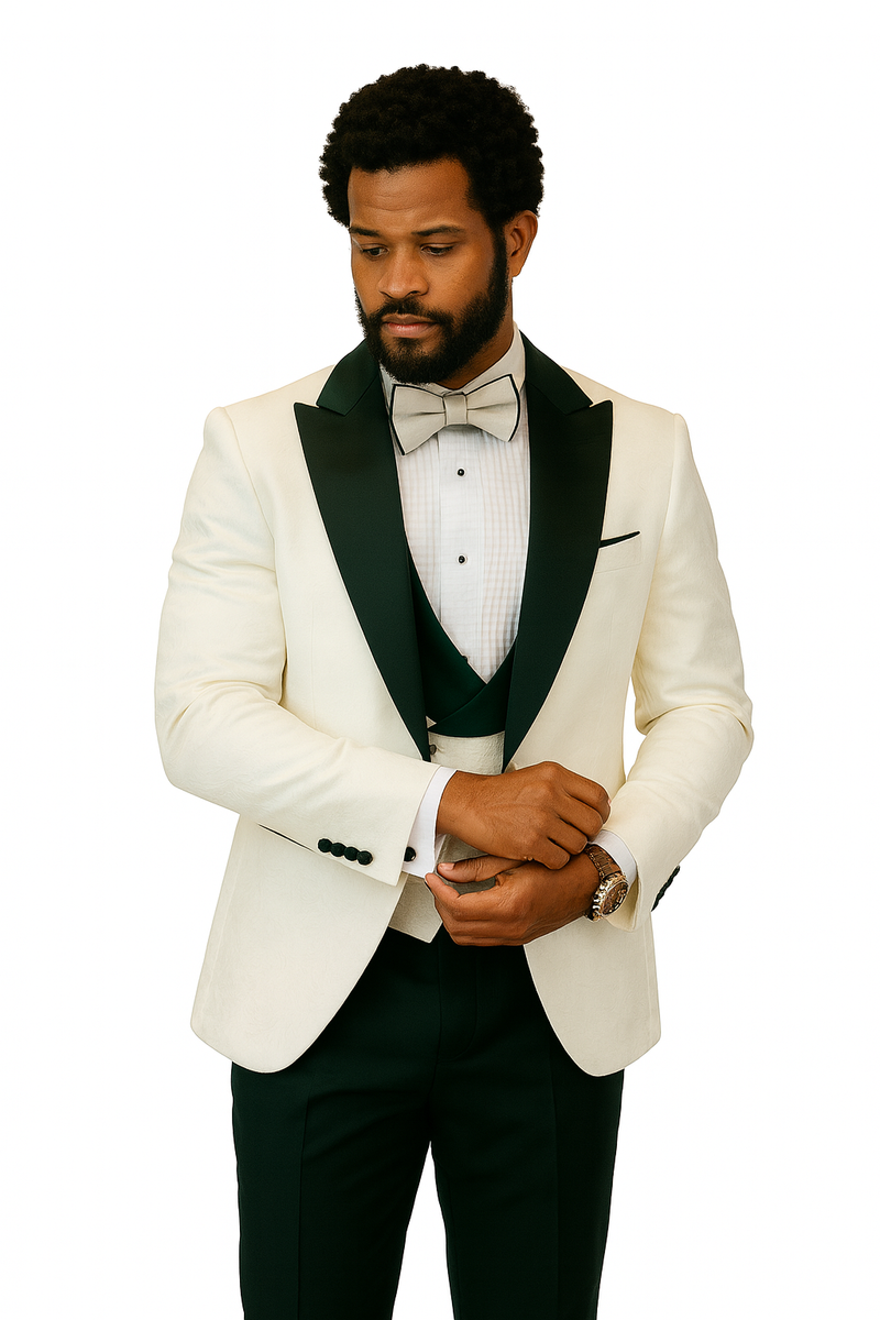 White paisley tuxedo jacket with black peak lapels, matching shawl vest, and wool pants. Includes a patterned bow tie. Classic, elegant formal wear.
