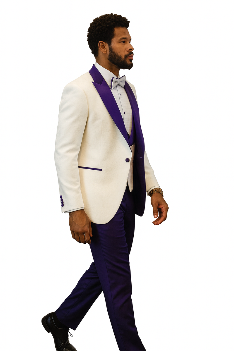 Hilton tuxedo: White paisley jacket with purple shawl collar & trim. Includes matching purple wool pants and bow tie. Stylish formal wear.
