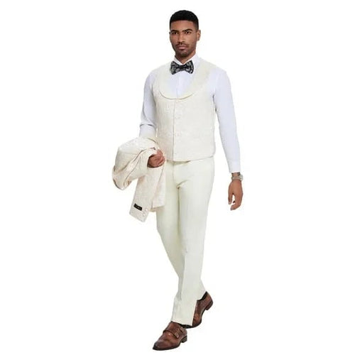 Ivory Paisley 3pc Men's Suit Tuxedo by Tazzio