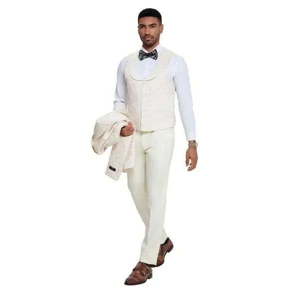 Ivory Paisley 3pc Men's Suit Tuxedo by Tazzio