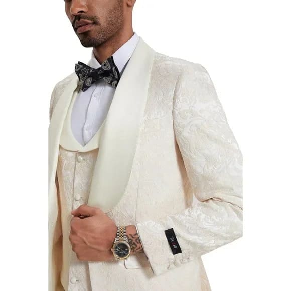 Ivory Paisley 3pc Men's Suit Tuxedo by Tazzio