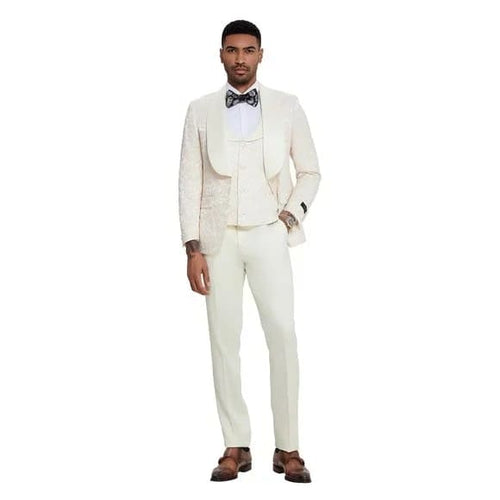 Ivory Paisley 3pc Men's Suit Tuxedo by Tazzio