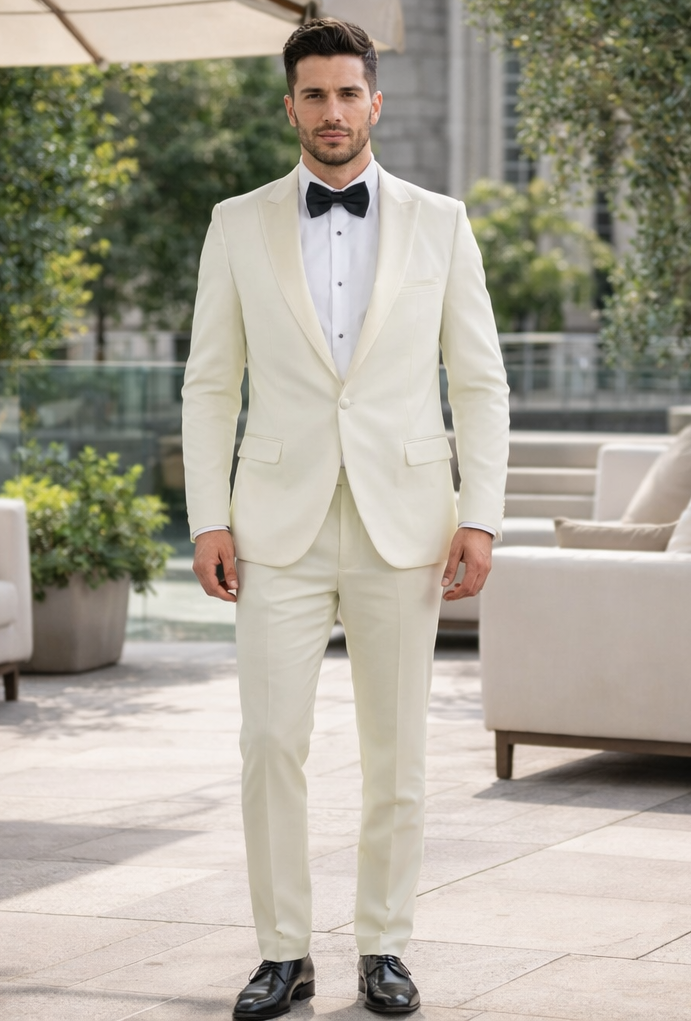Ivory peak lapel slim fit tuxedo: Structured blazer with single-button closure & peak lapel. Smooth fabric. Paired with slim-fit trousers. Includes white shirt & black bow tie.
