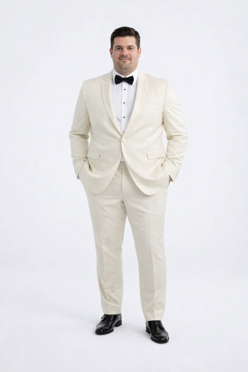 Ivory peak lapel tuxedo: slim fit, single-breasted, two-button closure. Includes matching flat-front trousers, white dress shirt, and black bow tie. Crafted for a polished look.
