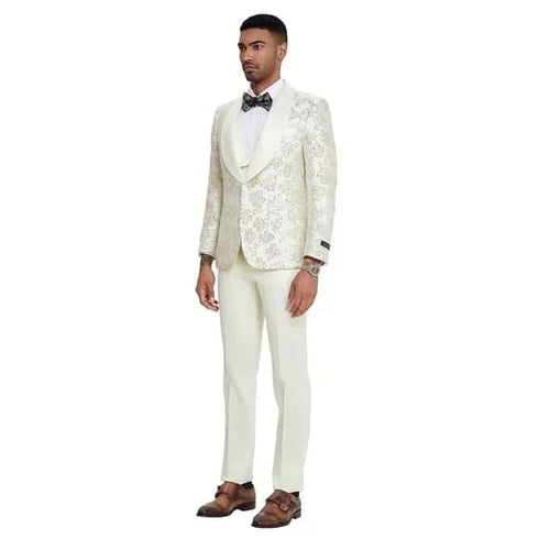 2024 Ivory Shiny Floral Mens 3pc Suit by Tazzio