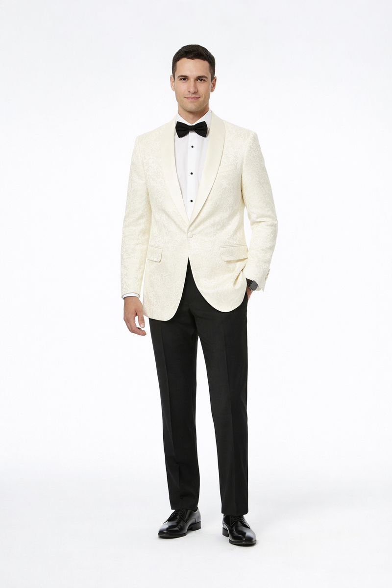 Alberto Nardoni men's ivory paisley tuxedo jacket. Structured, single-button closure, peaked lapels. Light ivory paisley fabric provides subtle contrast. Tailored fit with two front pockets.
