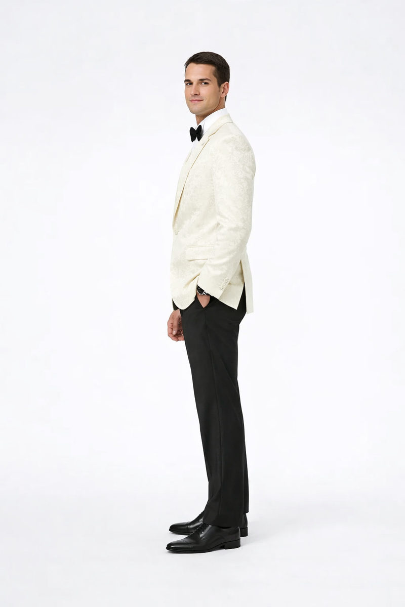 Alberto Nardoni men's ivory paisley tuxedo jacket. Single-button closure, notched lapel, two pockets. Lightweight fabric with subtle off-white paisley. Tailored fit for an enhanced silhouette. Light color palette.
