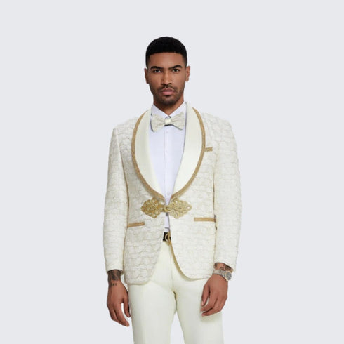 Gold Suit For Prom - Gold Blazer + Matching Pants + Ivory Tuxedo with Gold Textured Swirl Pattern - Wedding - Prom