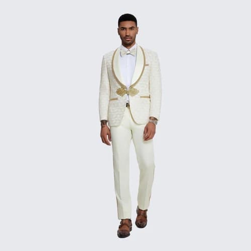 Gold Suit For Prom - Gold Blazer + Matching Pants + Ivory Tuxedo with Gold Textured Swirl Pattern - Wedding - Prom