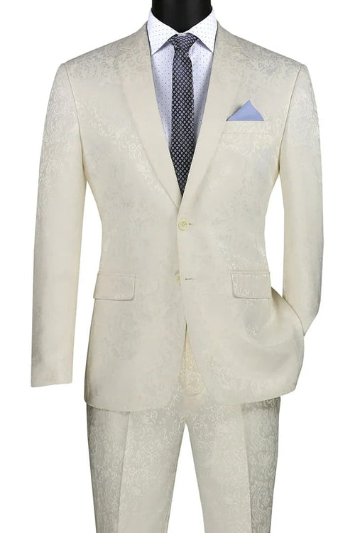 Mens Slim Fit Shiny Paisley Prom & Ivory Wedding Suit