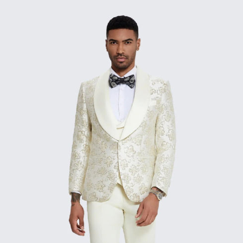 Gold Suit For Prom - Gold Blazer + Matching Pants + Men's Ivory and Gold Tuxedo with Textured Floral Design- Wedding - Prom