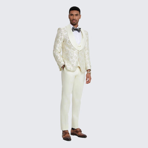 Gold Suit For Prom - Gold Blazer + Matching Pants + Men's Ivory and Gold Tuxedo with Textured Floral Design- Wedding - Prom