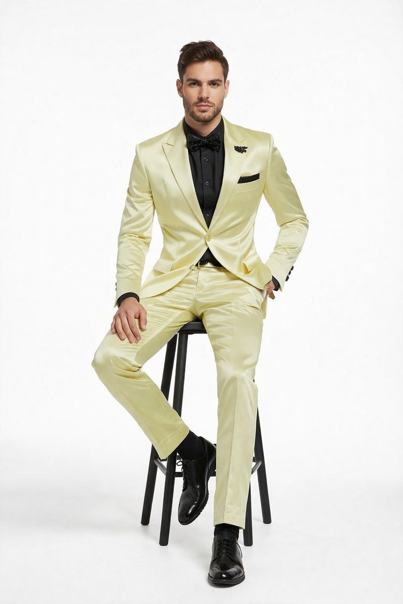 Mens Shiny Blazer - Ivory Sateen Vested Suit