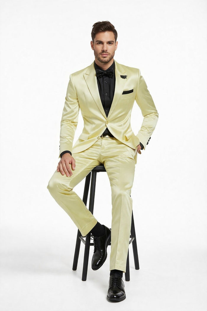 Mens Shiny Blazer - Ivory Sateen Vested Suit