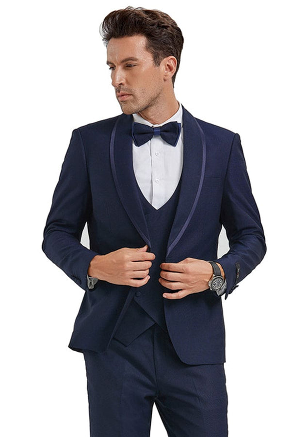 "Men's Navy One Button Shawl Tuxedo with Blue Satin Trim"