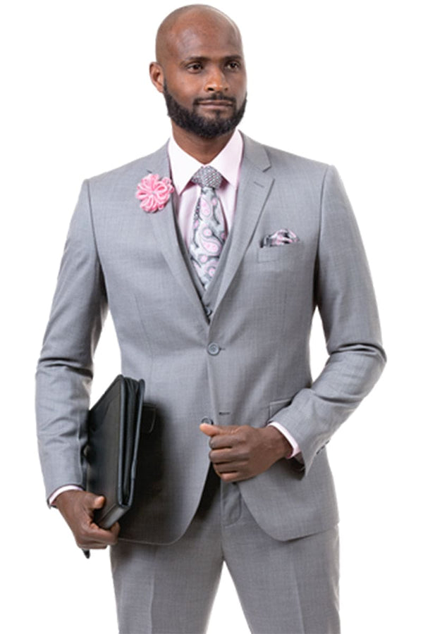 "Sharkskin Weave Men's Business Suit - Light Grey, Two-Button Vested"