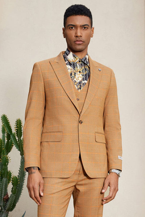 "Mens Stacy Adams Suit - Stacy Adams Men's Windowpane Plaid Suit with Reversible Vest - Orange Rust"