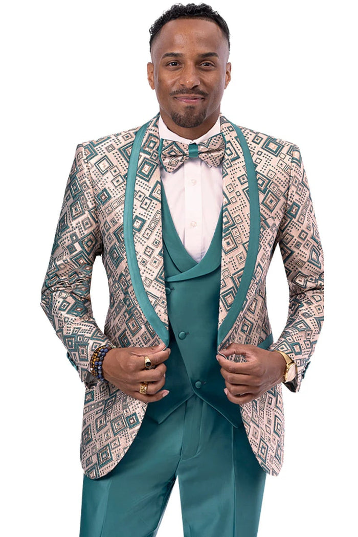 Teal green satin men's tuxedo with geometric print. Fitted jacket, contrasting trim, and matching vest complete this vested style.
