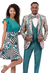 Mens Teal Green Satin Tuxedo – Geometric Print Vested Formal Style