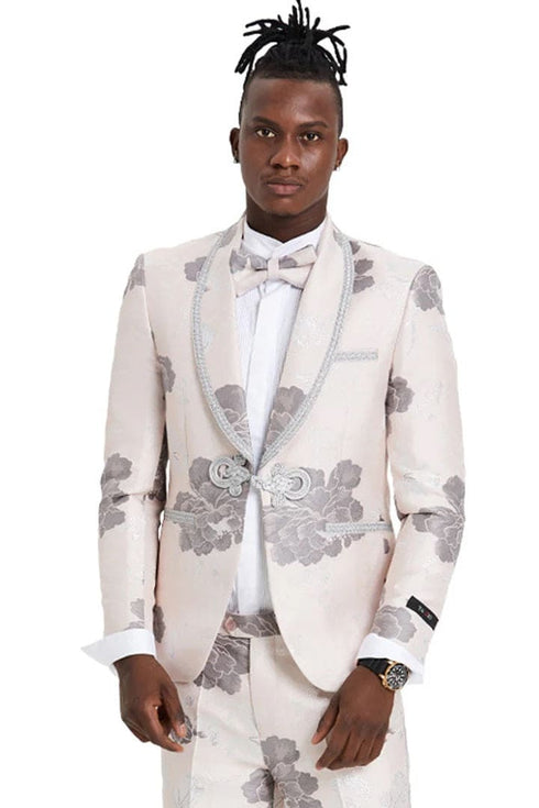 Mens Gray Tuxedo - Grey Wedding Suit-Mens One Button Vested Shawl Tuxedo In Pink & Silver Paisely With Lace Trim