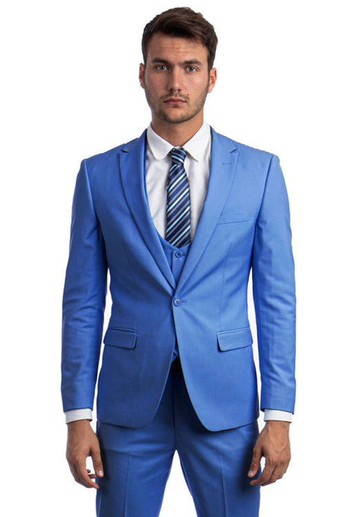 "French Blue Men's Skinny Wedding & Prom 2025 Suit - One Button Peak Lapel with Lowcut Vest"