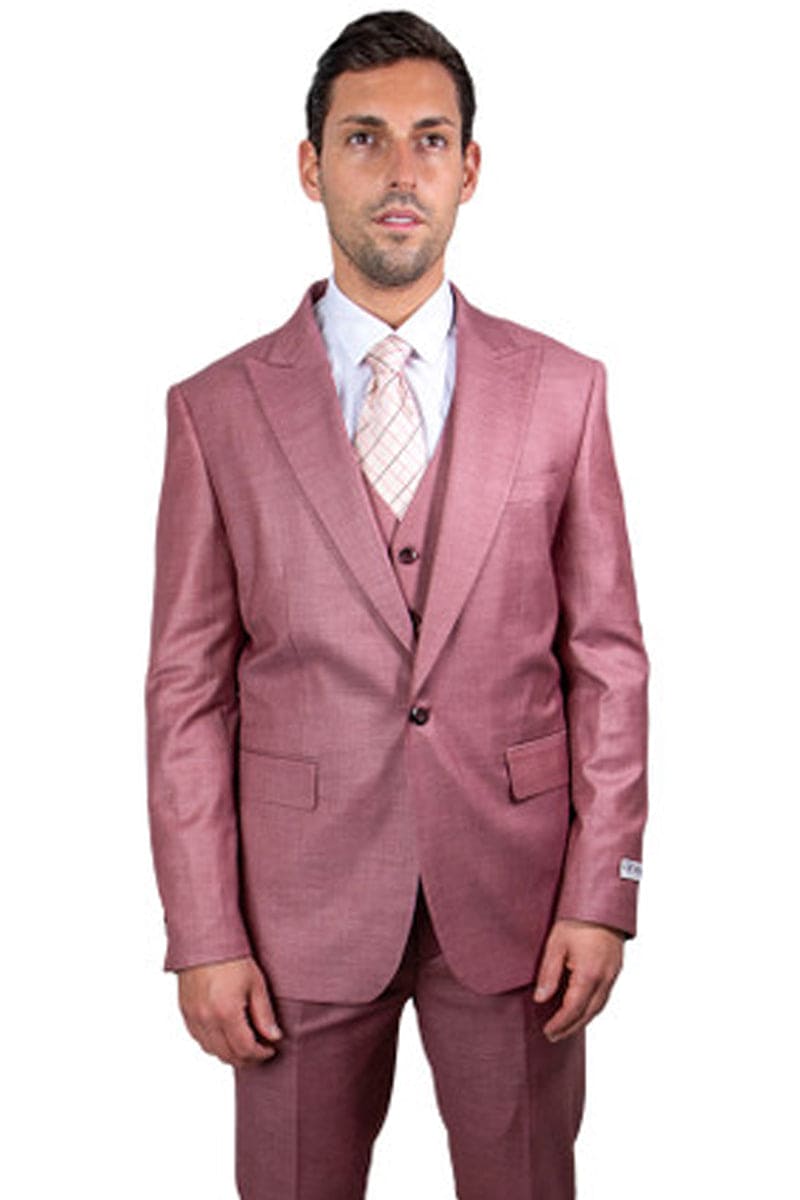 Mens Stacy Adams Suit -Stacy Adams Suit Men's Sharkskin Suit - One Button Peak Lapel Vested in Salmon Pink