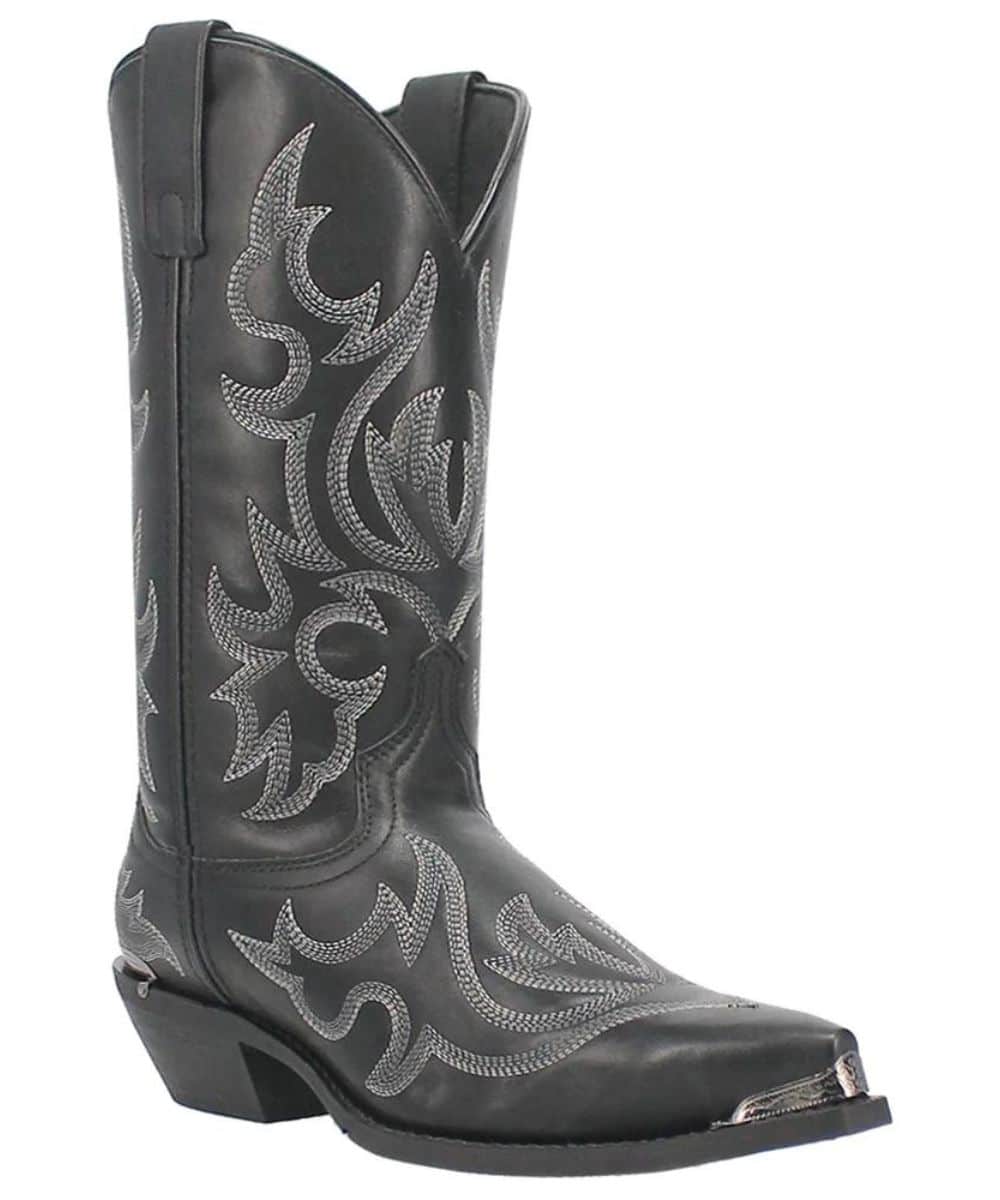Laredo Men's Jameson cowboy boots. Tall, black leather with silver flame stitching. Pointed toe, slight heel. Curved top edges and pull loops for easy wear.
