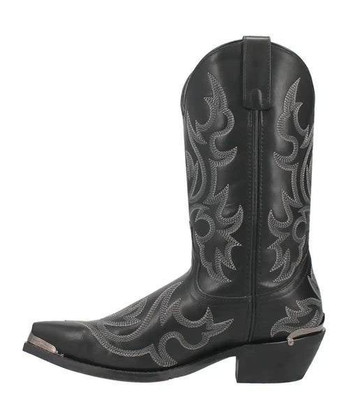 Laredo Men's Jameson boots, right side view. Black leather with silver stitching in swirling patterns. Pointed toe, slightly raised heel, and pull tab. Durable outsole.
