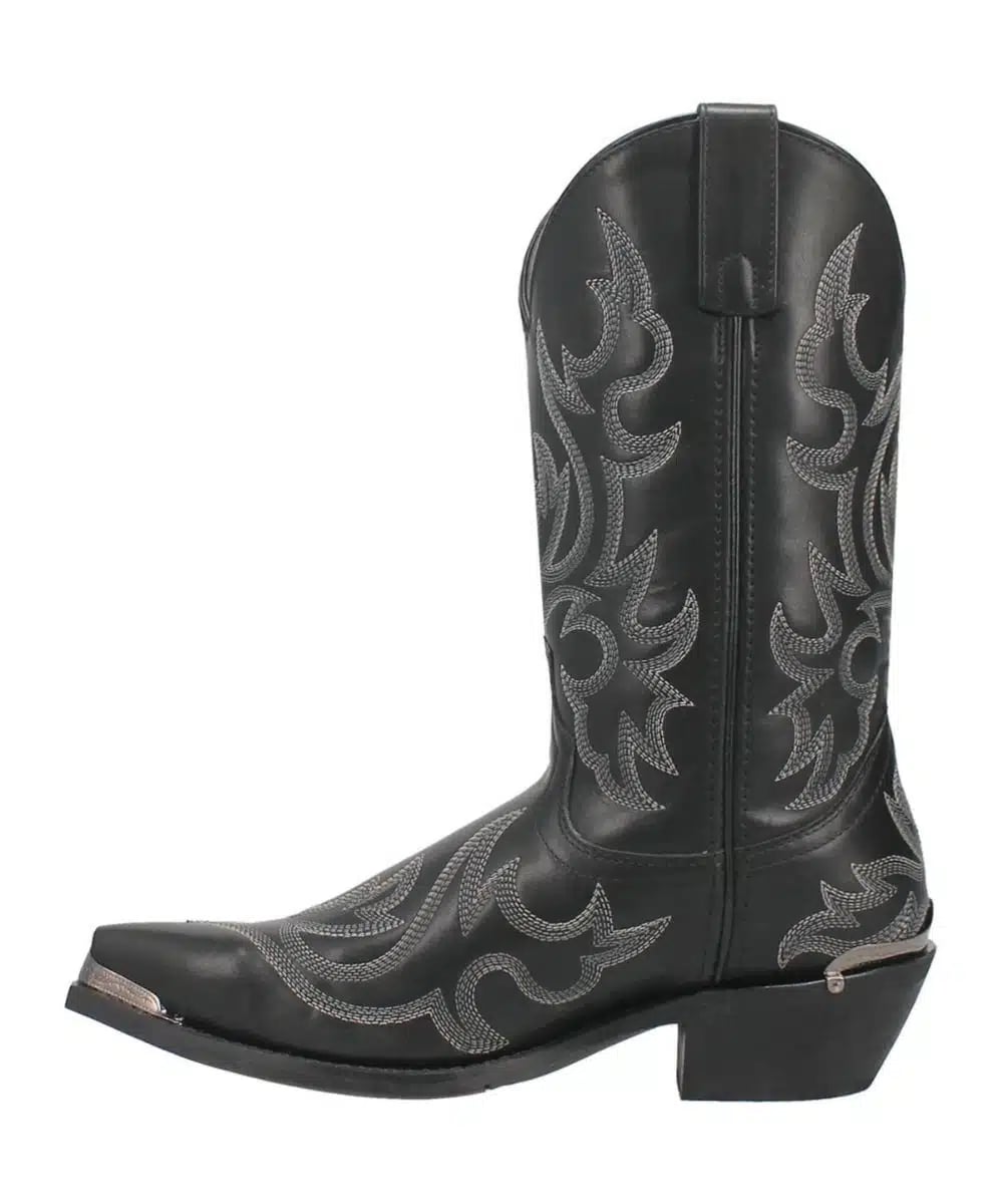 Laredo Men's Jameson boots, right side view. Black leather with silver stitching in swirling patterns. Pointed toe, slightly raised heel, and pull tab. Durable outsole.
