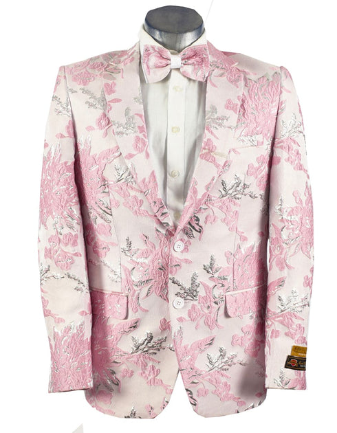 Mens 2 Button Pink, Silver, & White Floral Paisley Prom  Wedding Tuxedo Blazer