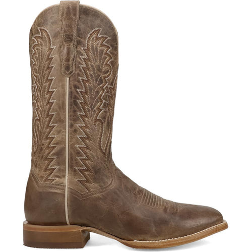 Dan Post Jerry Tan cowboy boots for men. Distressed tan leather, 13" shaft, pointed toe, structured heel. Decorative stitching & embossed pattern.