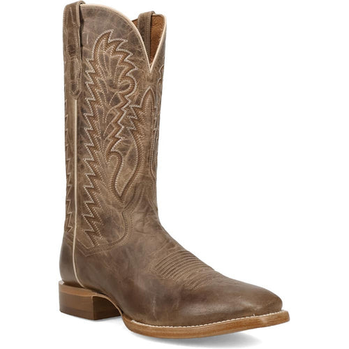 Dan Post Jerry men's cowboy boots in distressed tan leather. Pointed toe, intricate stitched shaft with a rounded top. Light-colored sole and stacked heel. Smooth interior lining.
