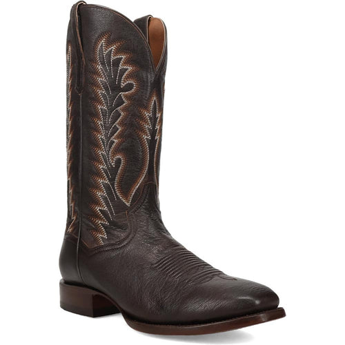 Dan Post Jerry brown men's boot: Brown leather, 13" shaft, decorative stitching. Pointed toe, stacked heel. Structured, refined style.