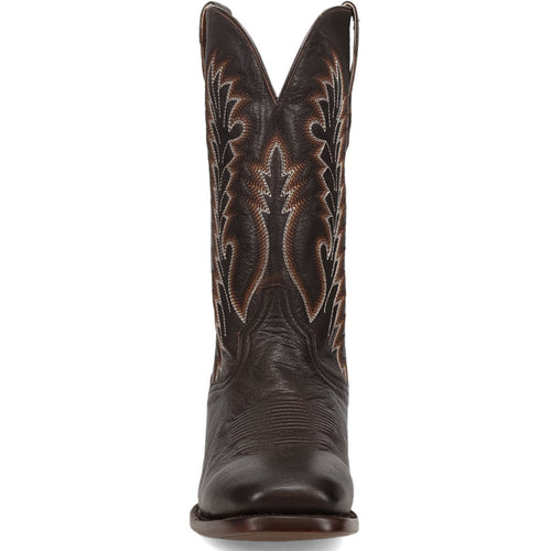 Dan Post Jerry Brown men's boot. Tall, pointed brown leather design with embossed patterns. Intricate western stitching on the shaft. Narrow, tapered toe, dark leather sole.
