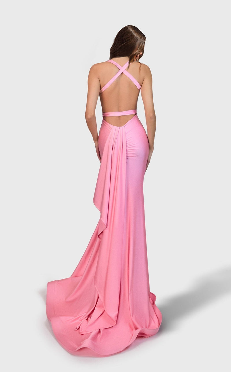 Jessica Angel JA2709 V-Neck Fitted High Slit Open Back Train Dress