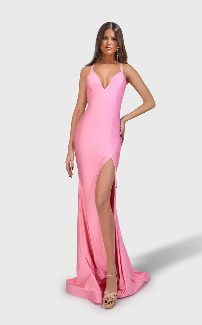 Jessica Angel JA2709 V-Neck Fitted High Slit Open Back Train Dress