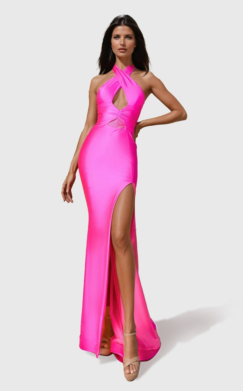 Jessica Angel JA2743 Halter Fitted Open Back Cutout Slit Prom Dress