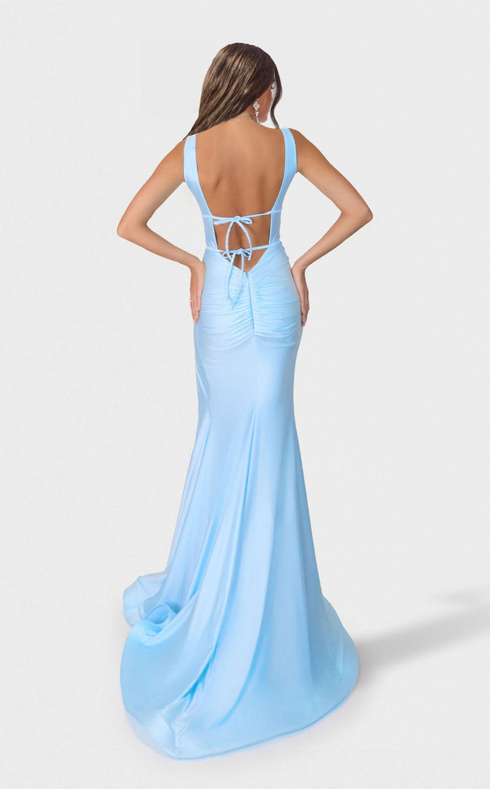Jessica Angel JA2763 V-Neck Open Back Ruched Train Evening Formal Lace Dress